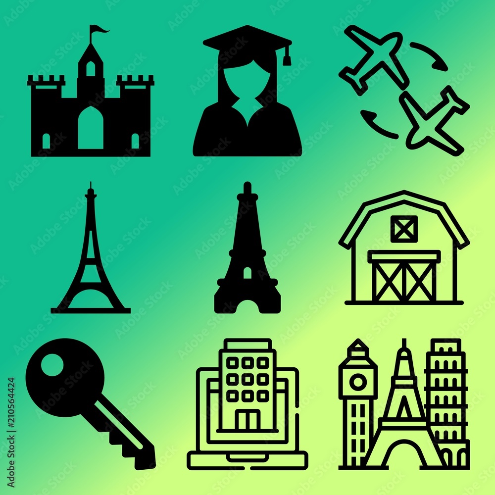 Vector icon set  about building with 9 icons related to church, romantic, girl, tourist and sale