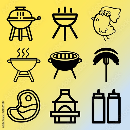 Vector icon set  about barbecue with 9 icons related to roast  outdoor  fat  macro and black
