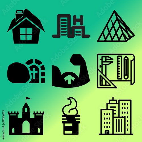 Vector icon set  about building with 9 icons related to drawing, year, measurement, smog and snow