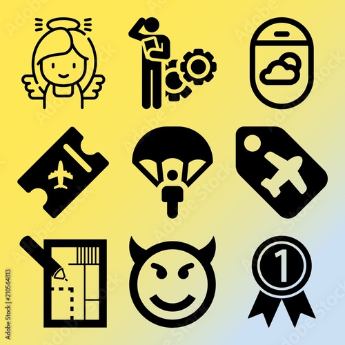 Vector icon set  about business with 9 icons related to evening, soccer, brainstorming, minimal and female