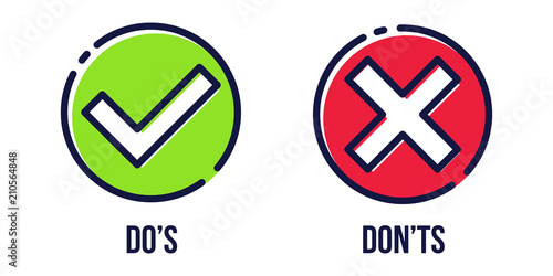 Creative vector illustration of green tick, red cross isolated on transparent background. Art design with text do and dont. Right or wrong. True or false. Abstract concept graphic element