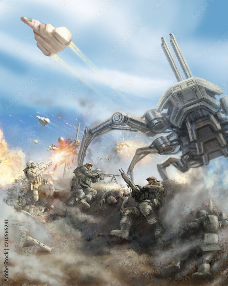 Soldiers repel the attack of the giant spider robot.