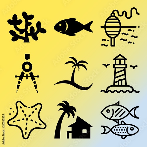 Vector icon set  about sea with 9 icons related to beautiful, alga, fresh, weed and discovery