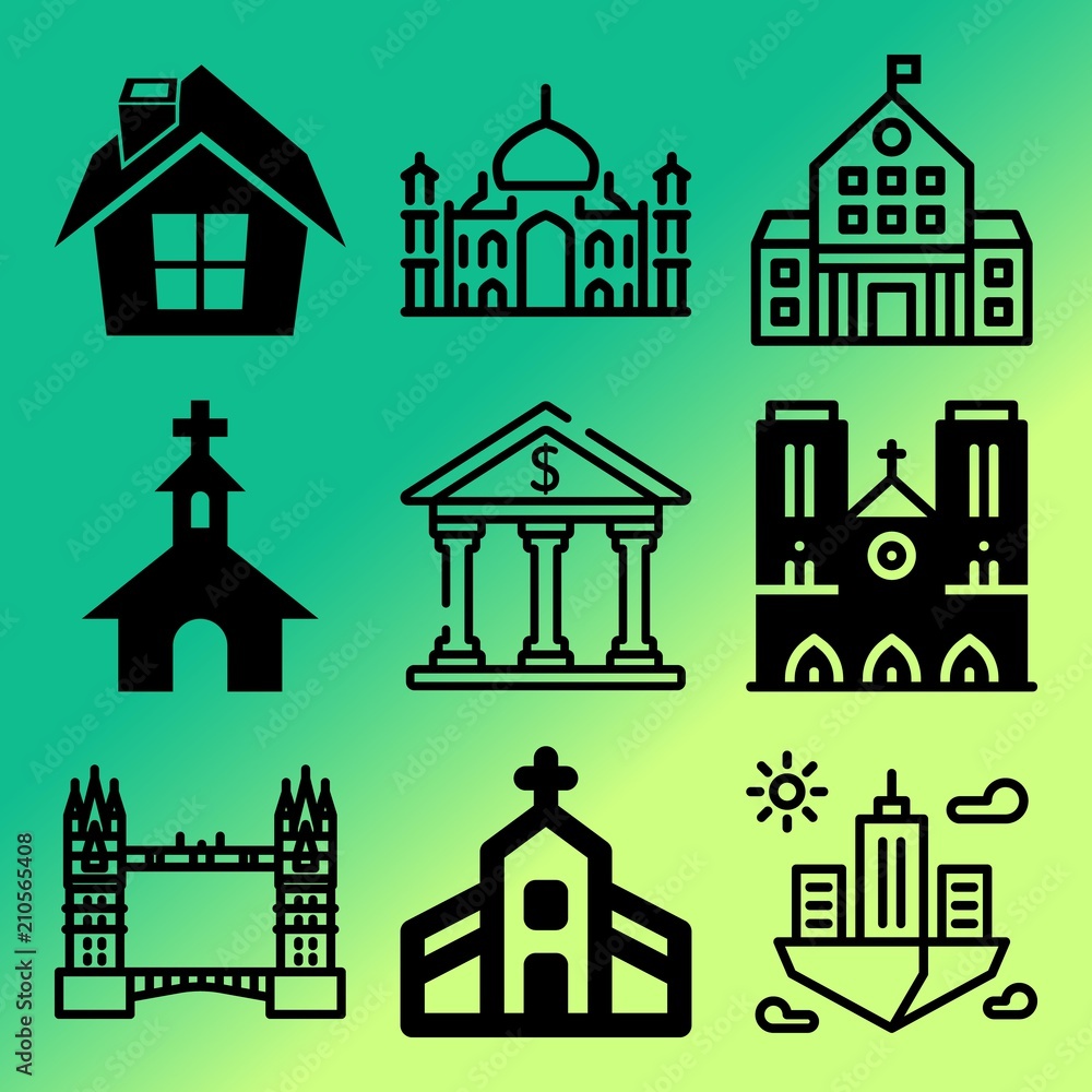 Vector icon set  about building with 9 icons related to bank, construction, pig, paris and symbol