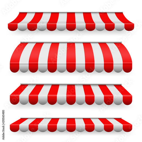 Creative vector illustration of colored striped awnings set for shop, restaurants and market store in different forms isolated on transparent background. Art design. Abstract concept graphic element