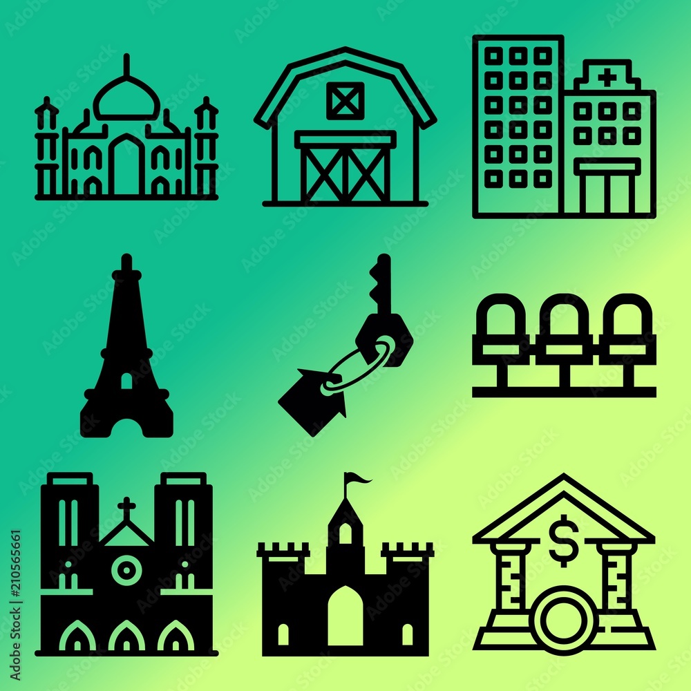 Vector icon set  about building with 9 icons related to currency, insurance, farming, country and sunset