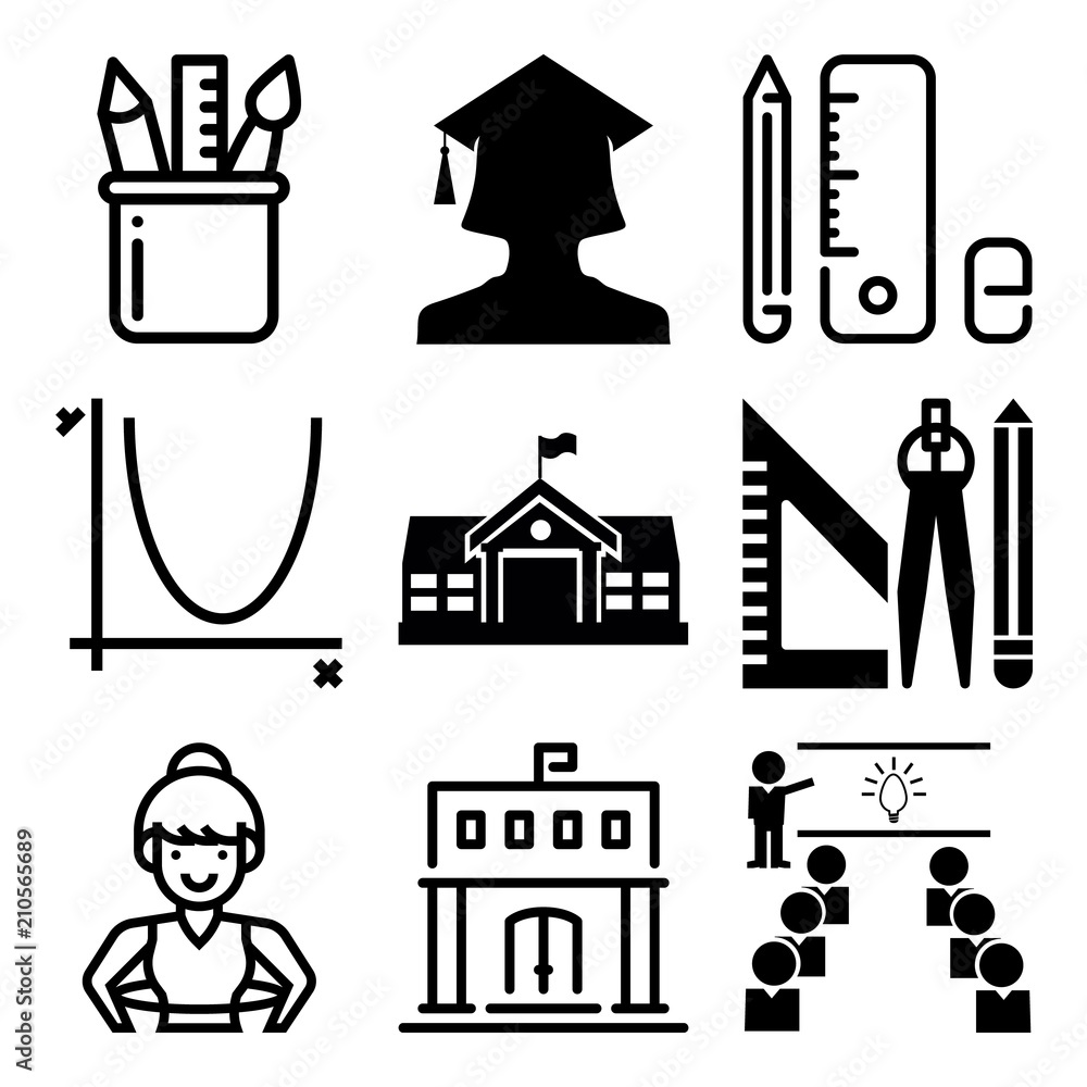 Vector icon set  about education with 9 icons related to blur, hardcover, hair, calculator and schoolgirl