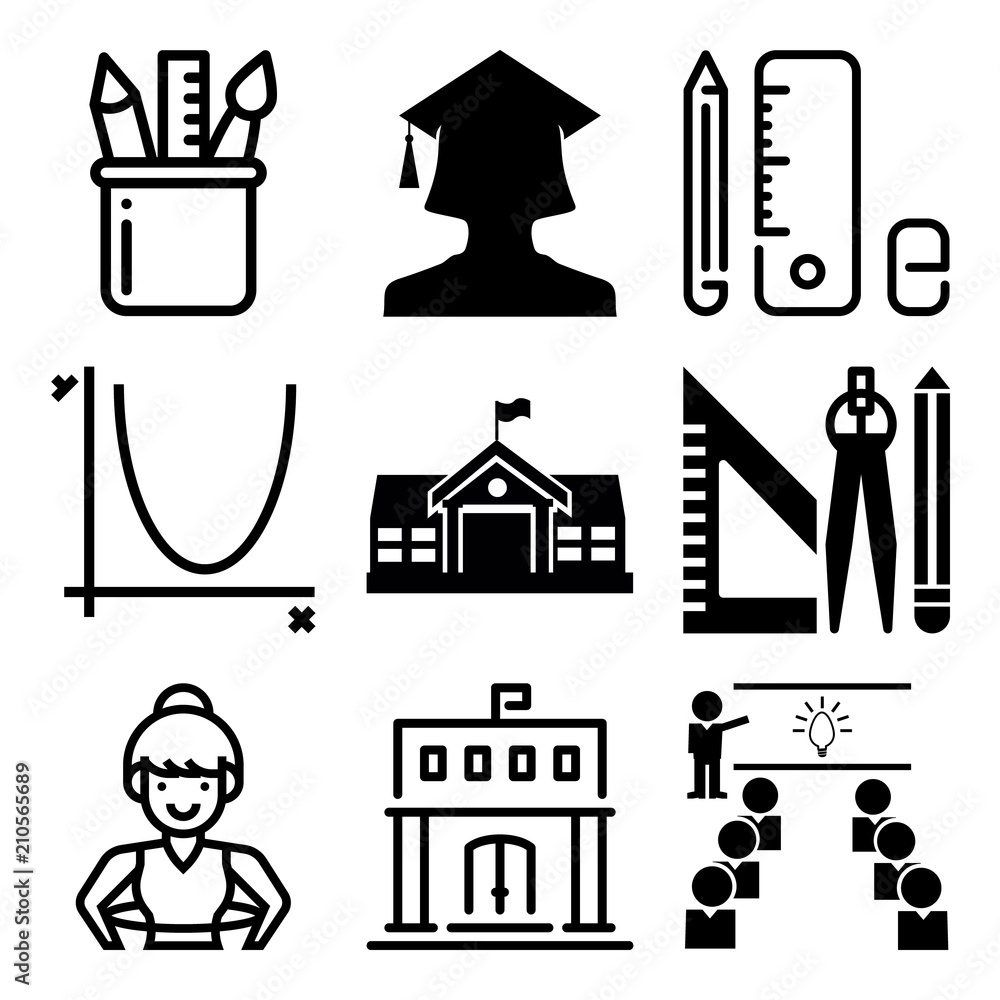 Naklejka premium Vector icon set about education with 9 icons related to blur, hardcover, hair, calculator and schoolgirl