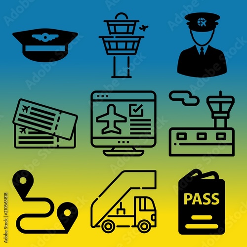 Vector icon set  about airport with 9 icons related to male, sea, ticket, commercial and holiday
