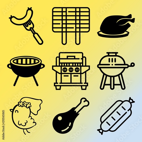 Vector icon set about barbecue with 9 icons related to roast, steak, seasoning, tenderloin and barbeque