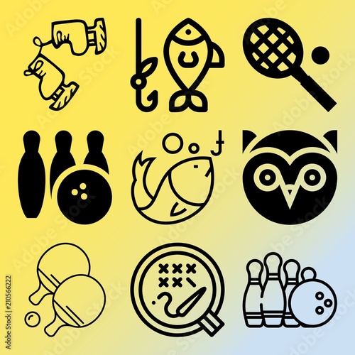Vector icon set  about hobby with 9 icons related to lure, salmon, design, dressmaker and skittle
