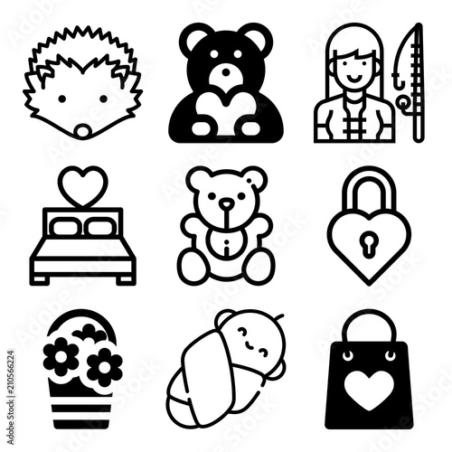 Vector icon set  about love with 9 icons related to healthy, single, drawing, happy and shower