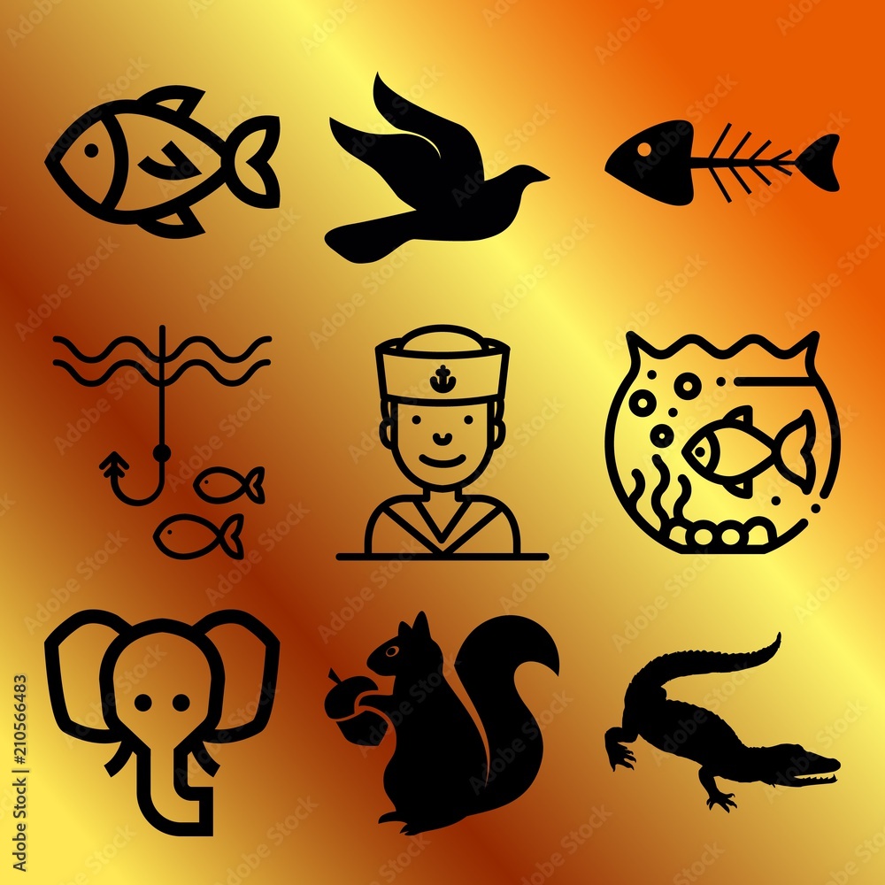 Vector icon set  about animals with 9 icons related to water, polyp, aloft, sailboat and lion