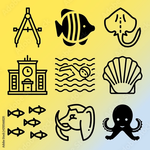 Vector icon set  about sea with 9 icons related to prehistoric, salmon, freshness, cockleshell and land