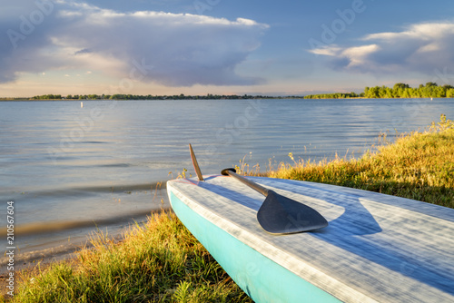 stand up paddleboard on a lake shore