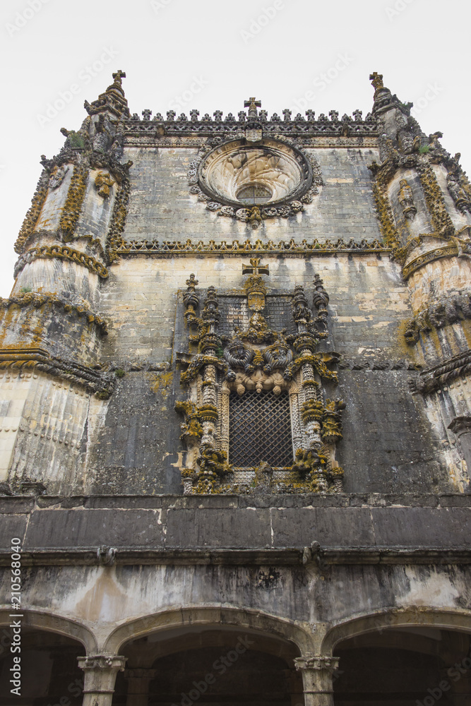 Facade of the Convent of Christ with its famous intricate Manueline window in medieval Templar castle in Tomar
