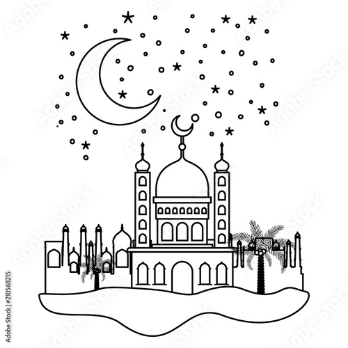 arabic castle with moon in the night scene vector illustration design