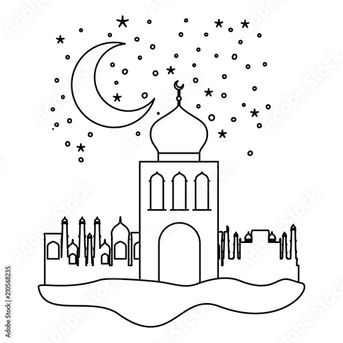 arabic castle with moon in the night scene vector illustration design