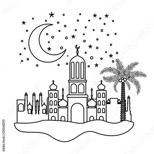 arabic castle with moon in the night scene vector illustration design