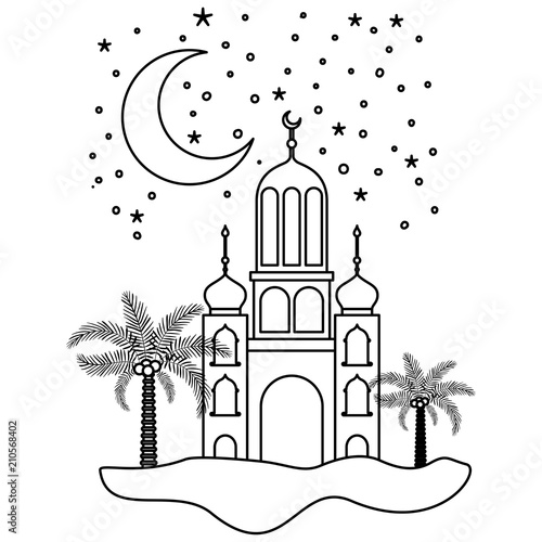 arabic castle with moon in the night scene vector illustration design