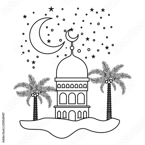 arabic castle with moon in the night scene vector illustration design