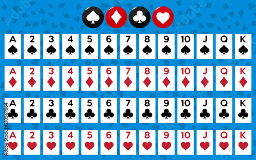 Full deck of cards for playing poker and casino. Vector illustration.
