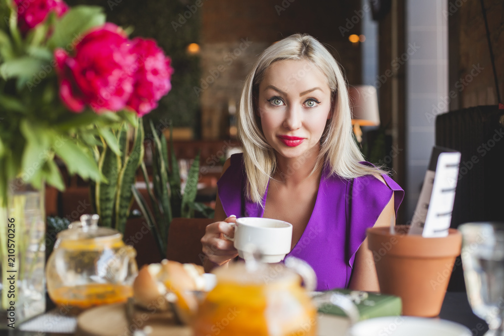 Cheerful Woman in Restaurant, Portrait Cheerful Woman in Restaurant, Portrait