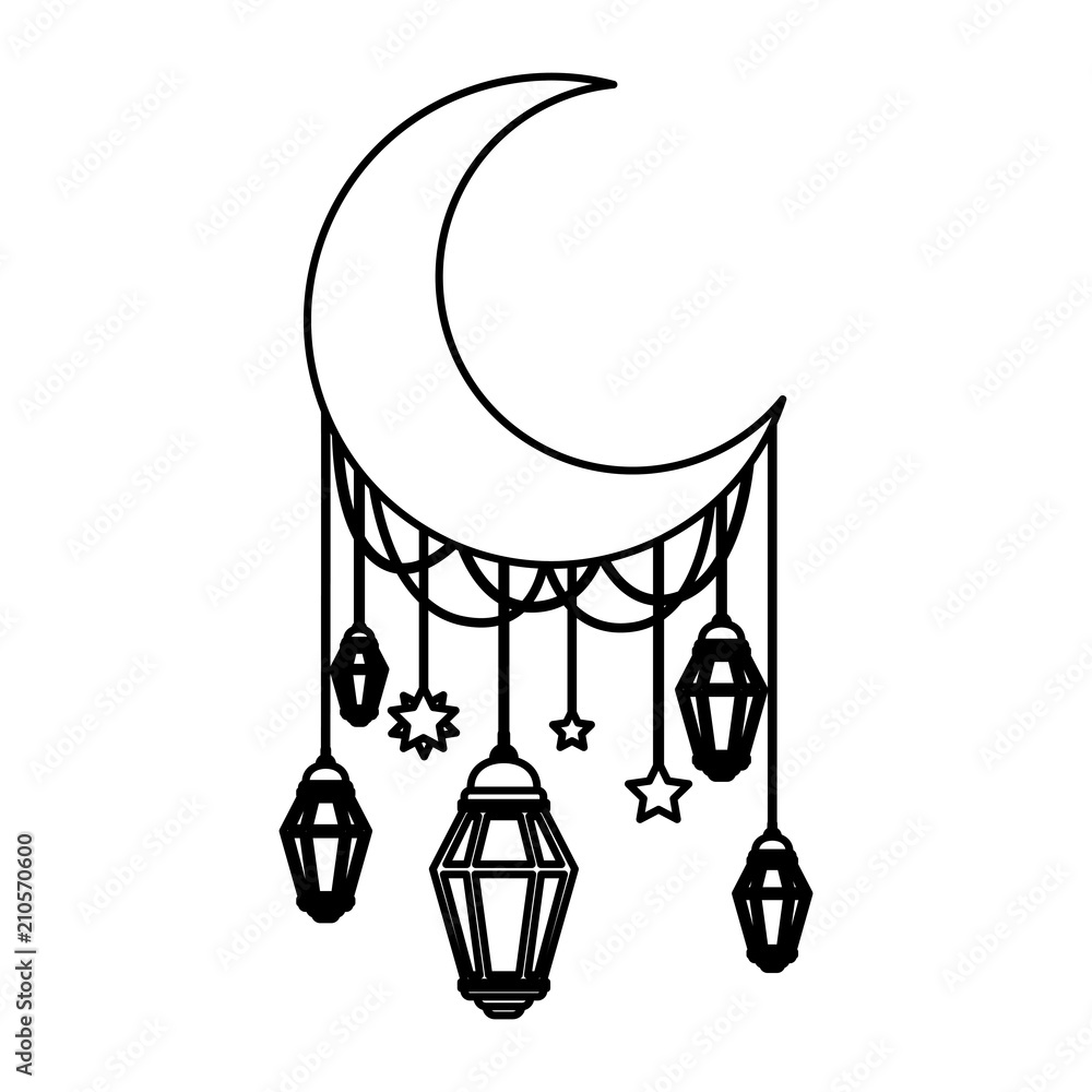 moon crescent with lamps hanging vector illustration design moon crescent with lamps hanging vector illustration design