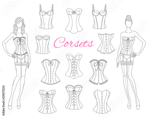 Fototapeta Corsets collection with beautiful fashion models, vector illustration