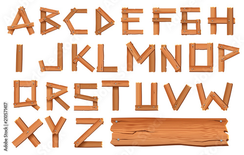 Alphabet made of wooden letters isolated on white background. Vector illustration
