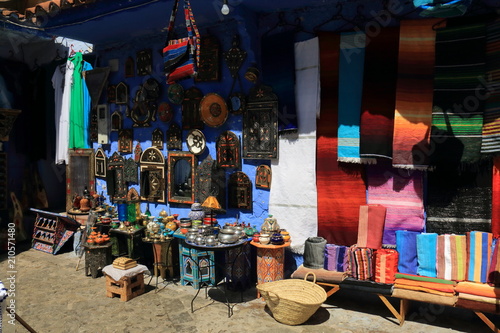 Typical Moroccan handicrafts exposed for sale in Chefchaouen, Morocco © juanorihuela
