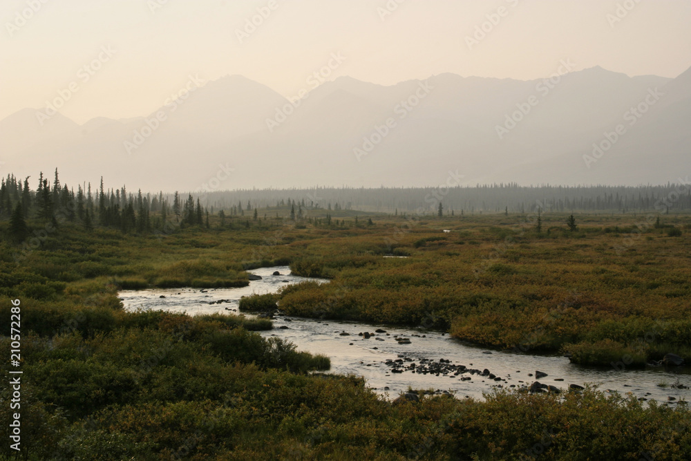 Scenic Alaskan landscape shrouded in mist