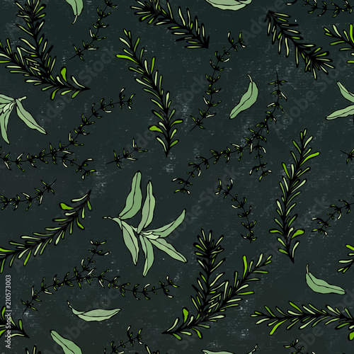 Seamless Endless Pattern of Rosemary Branch and Sage. Background with Aromatic Healing Herb. Steak Meat Spice. Hand Drawn Illustration. Savoyar Doodle Style. Black Board Background and Chalk.