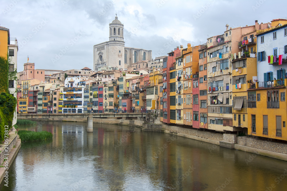 Girona Cathedral and houses along Onyar river, Spain