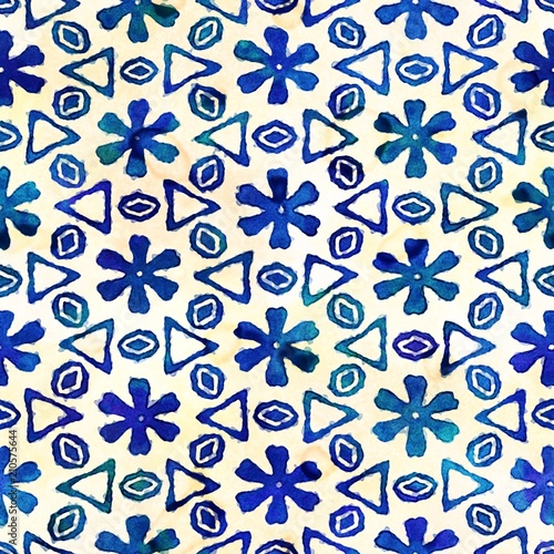 Native batik seamless watercolor artistic boho style colorful square pattern.