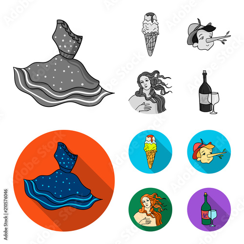 Italian dress, gelato, pinocchio, goddess of love. Italy set collection icons in monochrome,flat style vector symbol stock illustration web.