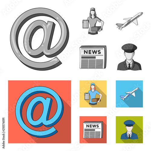 Email symbol, courier with parcel, postal airplane, pack of newspapers.Mail and postman set collection icons in monochrome,flat style vector symbol stock illustration web.