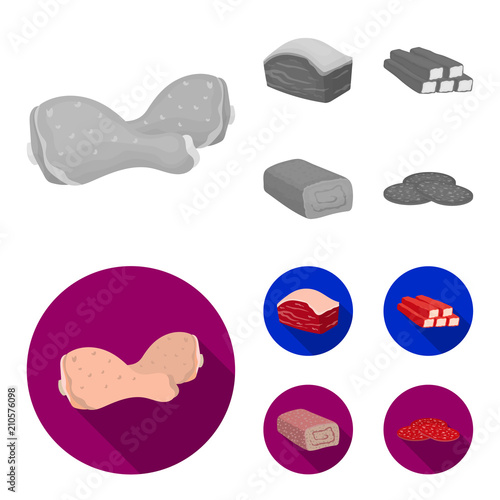Chicken drumstick, podcherevina, crab sticks, meatloaf. Meat set collection icons in monochrome,flat style vector symbol stock illustration web.