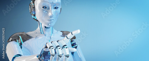 Foto White woman cyborg pointing her finger 3D rendering