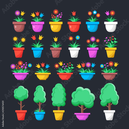 Flowers and houseplants in pots. Set of house plants, trees and flowers in containers. Modern graphic elements. Flat design style. Vector illustration