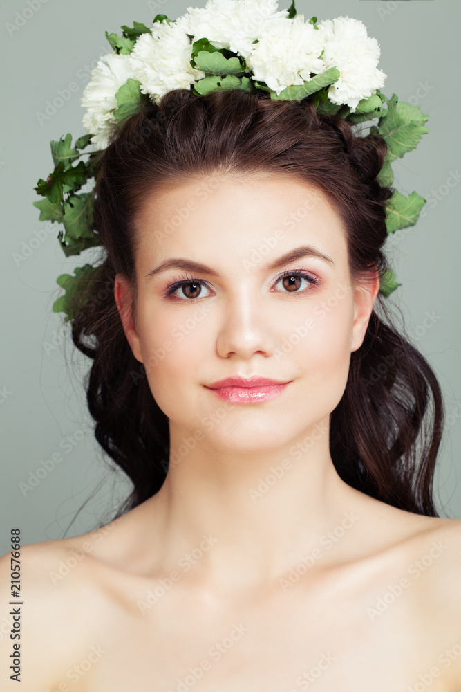 Female Model Face Closeup. Cute Girl with Flowers Female Model Face Closeup. Cute Girl with Flowers