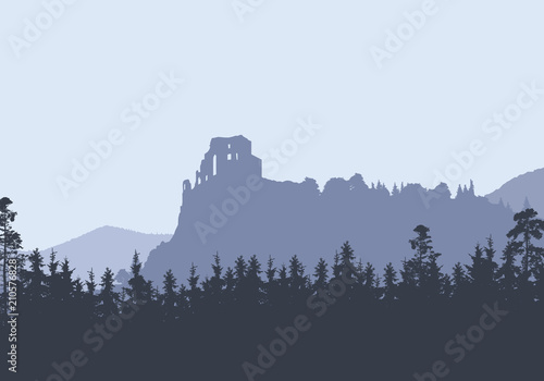 Ruins of a medieval castle on a high rock, between hills and forests - vector, Strecno