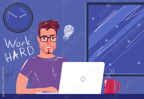A freelancer works hard at night for a laptop. A man sitting at home drinking coffee at a computer. Hurries to the deadline