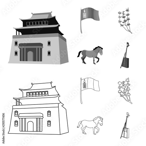 National flag, horse, musical instrument, steppe plant. Mongolia set collection icons in outline,monochrome style vector symbol stock illustration web.