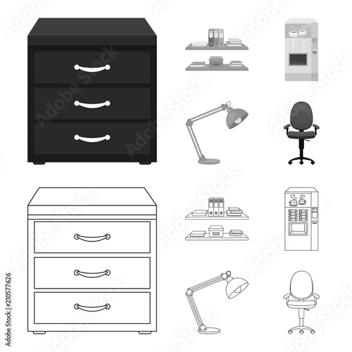 Shelves, folders and notebooks with business records, a coffee machine with cups, an armchair with a backrest on wheels, a desk lamp. Office Furniture set collection icons in outline,monochrome style