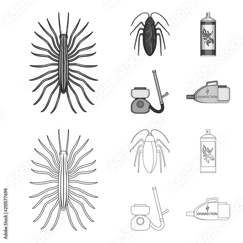 Cockroach and equipment for disinfection outline,monochrome icons in set collection for design. Pest Control Service vector symbol stock web illustration.