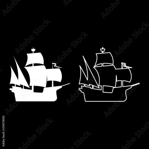Medieval ship icon set white color illustration flat style simple image