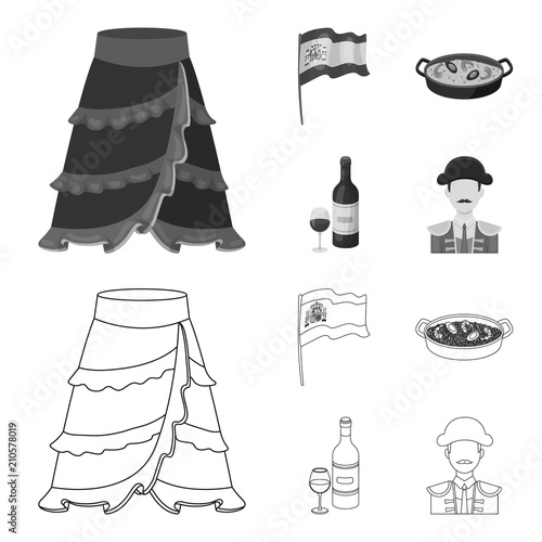Flag with the coat of arms of Spain, a national dish with rice and tomatoes, a bottle of wine with a glass, a bullfighter, a matador. Spain country set collection icons in outline,monochrome style