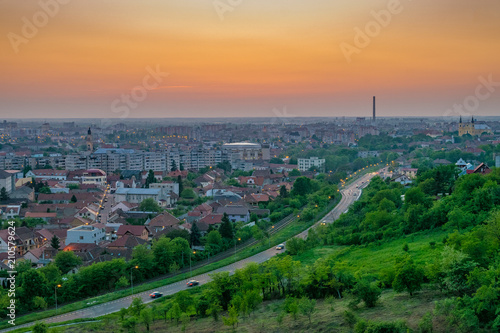 Oradea city viewed from above at sunset, Romania
