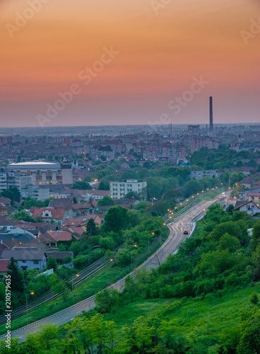 Oradea city viewed from above at sunset, Romania